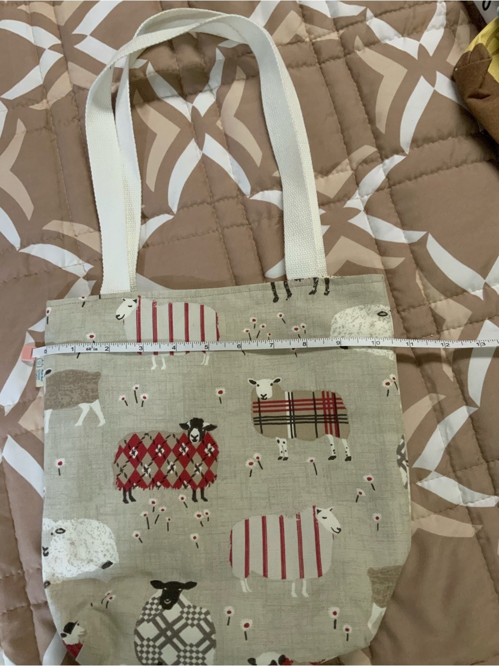 Beige Canvas Tote Bag with Sheep Print and Cream Straps